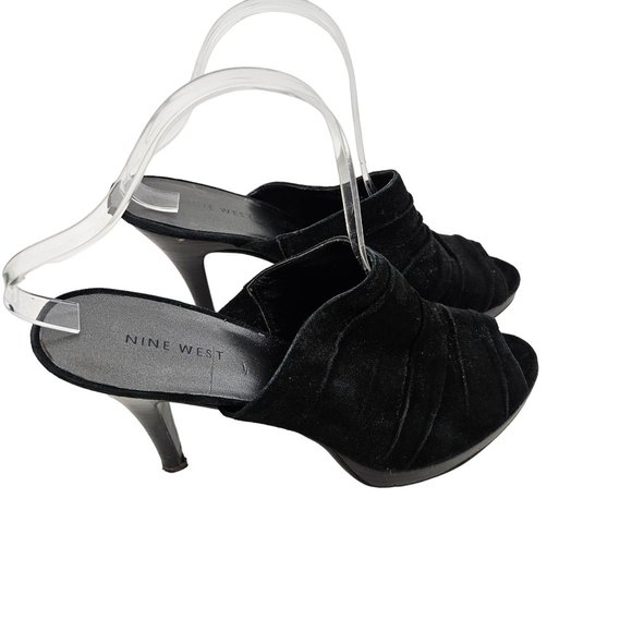 Nine West Shoes Womens 9.5M Slip On Heels Black Suede Open Toe Pleated Dressy - Picture 6 of 9